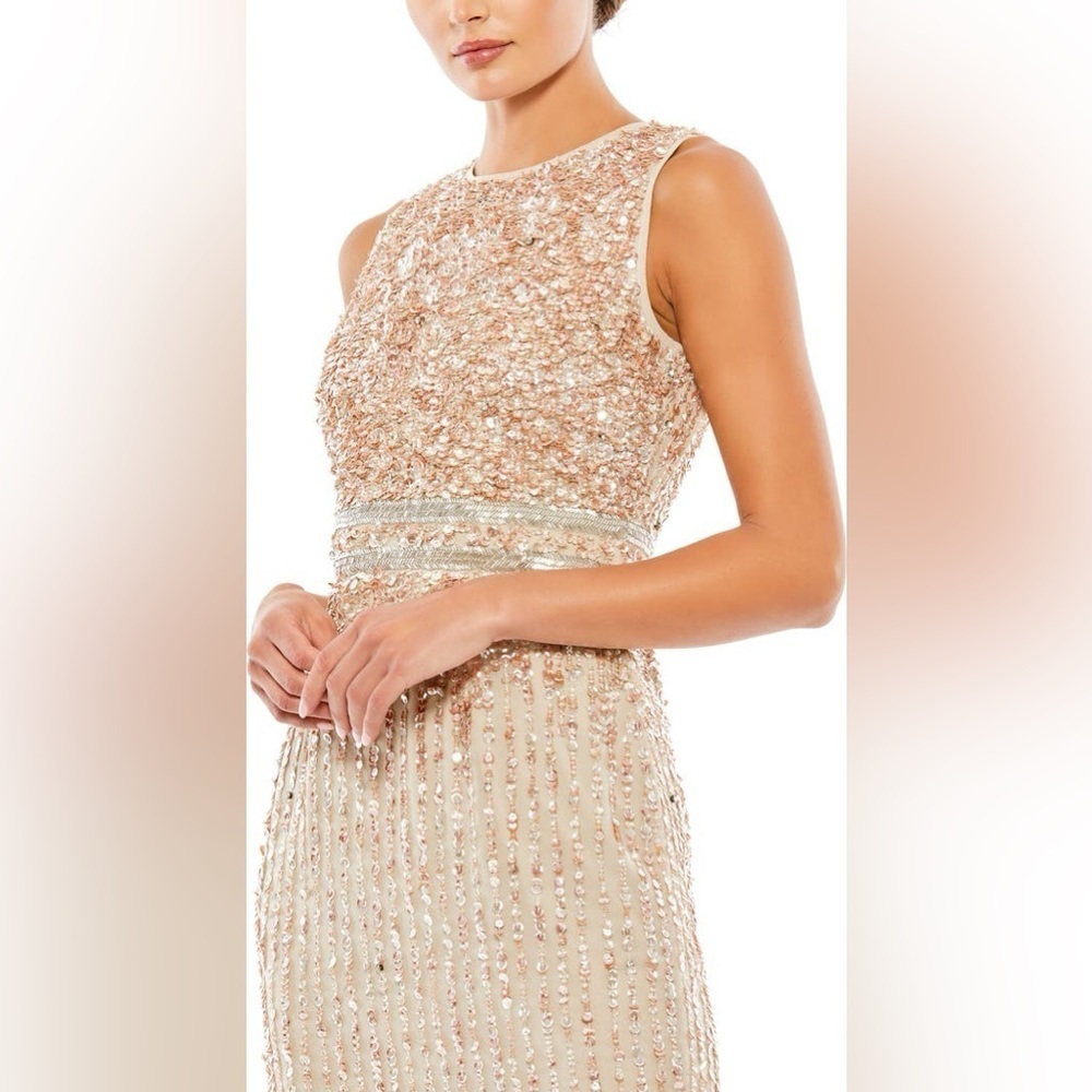NWT Mac Duggal Sleeveless High Neck Beaded Midi Sheath Dress - Picture 5 of 13